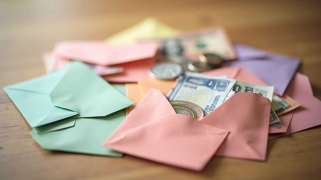 Plusieurs enveloppes colorées avec des pièces de monnaie et des billets, représentant une allocation budgétaire pour différentes causes