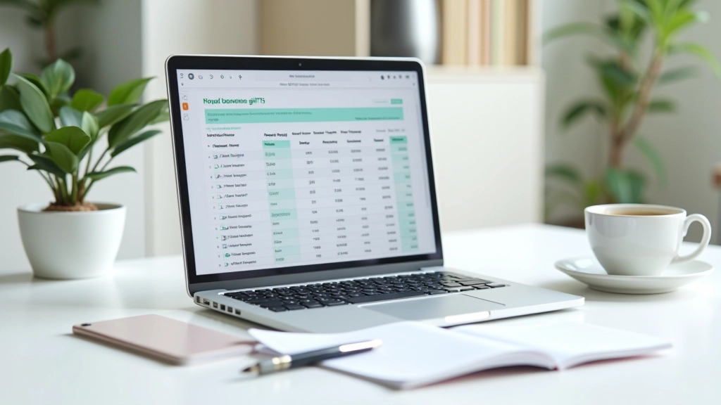 Feuille de calcul budget cadeaux sur écran d'ordinateur portable, chiffres visibles, bureau minimaliste