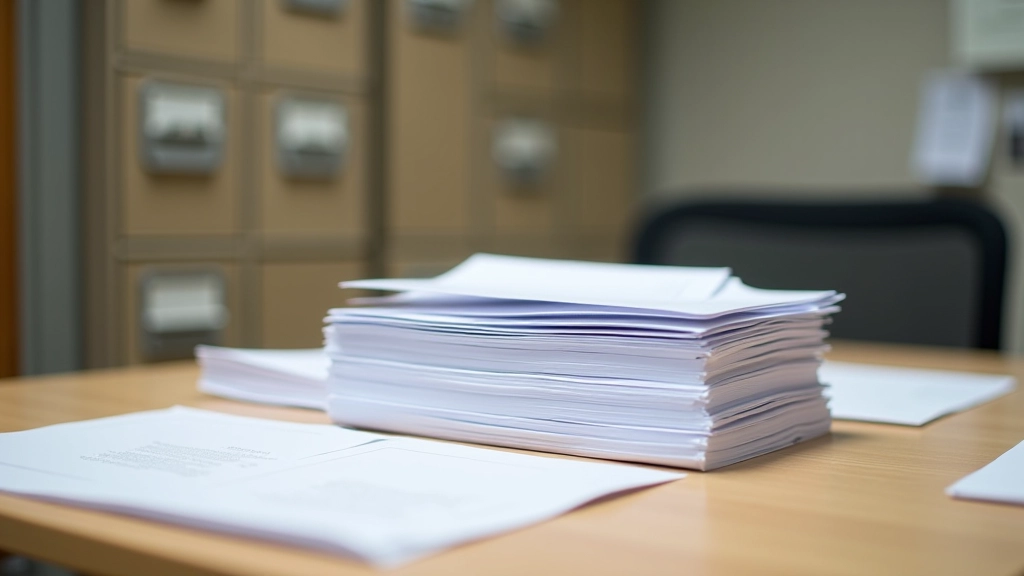 Documents officiels d'association empilés avec tampon d'approbation visible, bureau administratif avec classeurs