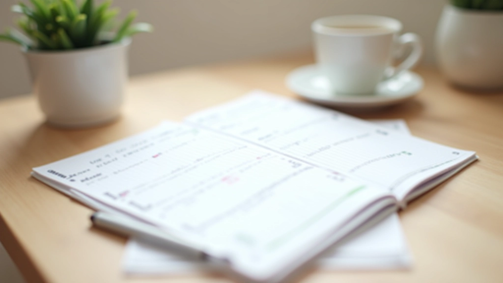 Carnet de budget ouvert avec des colonnes de chiffres, stylo à proximité, tasse de café, bureau minimaliste et lumineux