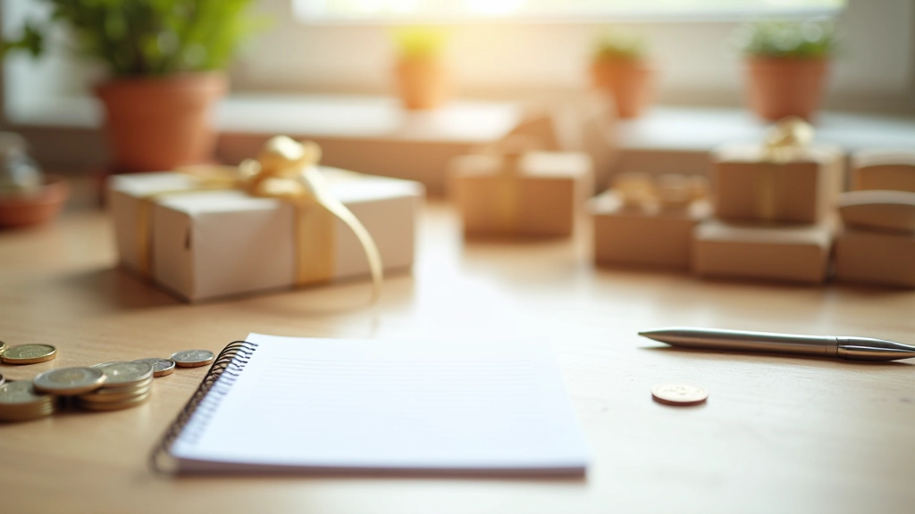 Table avec cadeaux, liste budgétaire, stylo et monnaie, planification organisée, lumière naturelle
