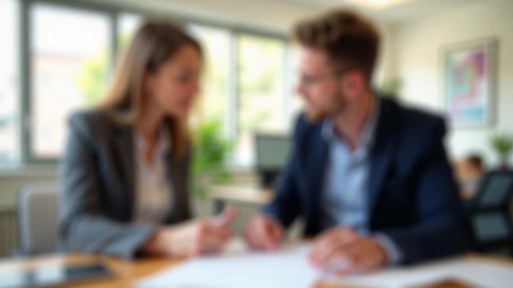 Deux personnes discutant dans un bureau, documents entre elles, sourires bienveillants, environnement professionnel