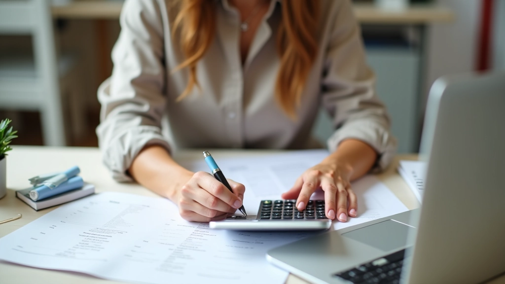Femme planifiant son budget cadeaux avec calculatrice et calendrier, bureau lumineux, vue de dessus