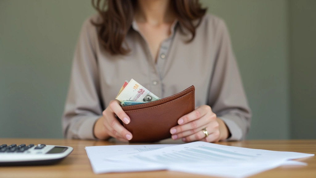 Femme tenant un portefeuille avec des billets, en train de planifier ses finances avec des notes et un calculatrice