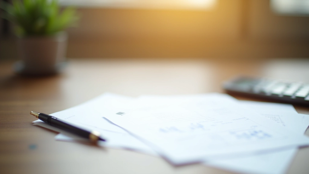 Bureau de planification financière avec documents de donation, stylo et calculatrice sur surface en bois